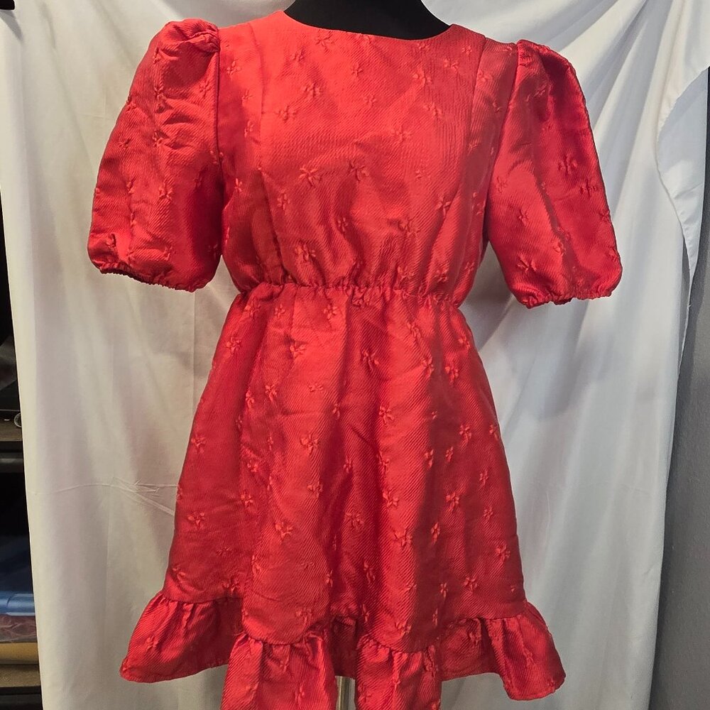 Sister Jane Poppy Dress Red Jacquard Mini Short Puff Sleeves Heart Back Medium